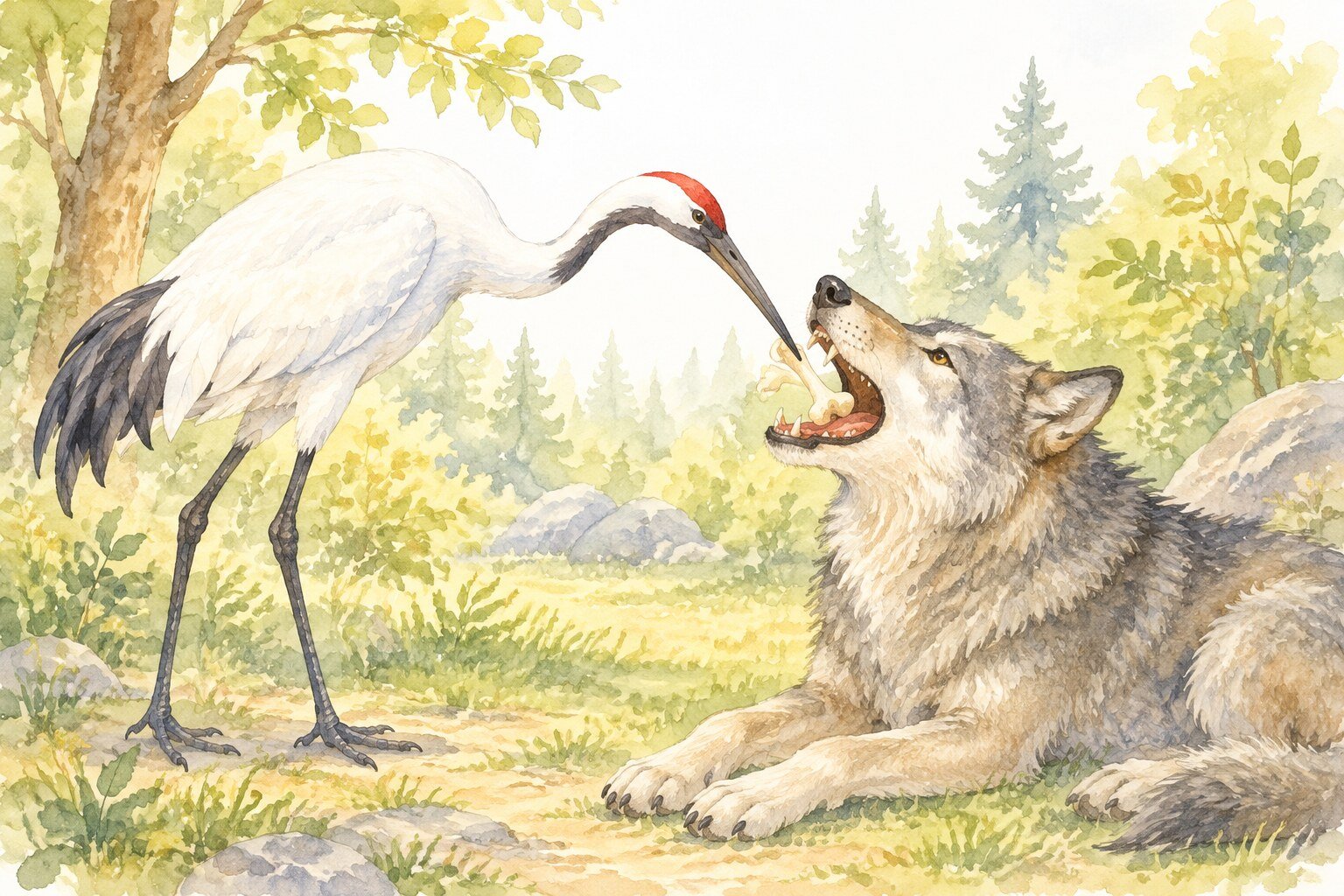 Aquarela de um grou com o bico dentro da boca aberta de um lobo para tirar um osso