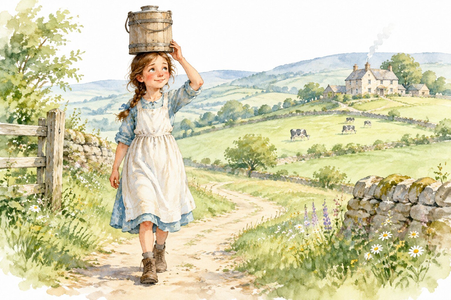 Aquarela de uma moça caminhando no campo com um balde de leite na cabeça, sonhando acordada