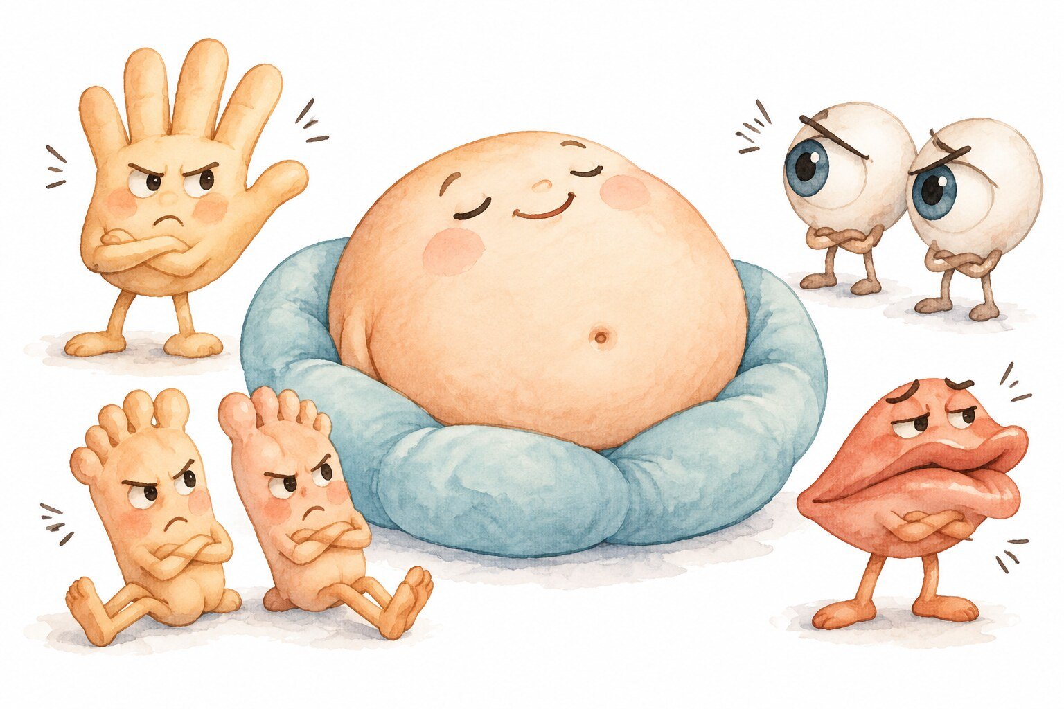 Aquarela bem-humorada de uma barriga descansando enquanto mãos, pés e olhos protestam ao redor