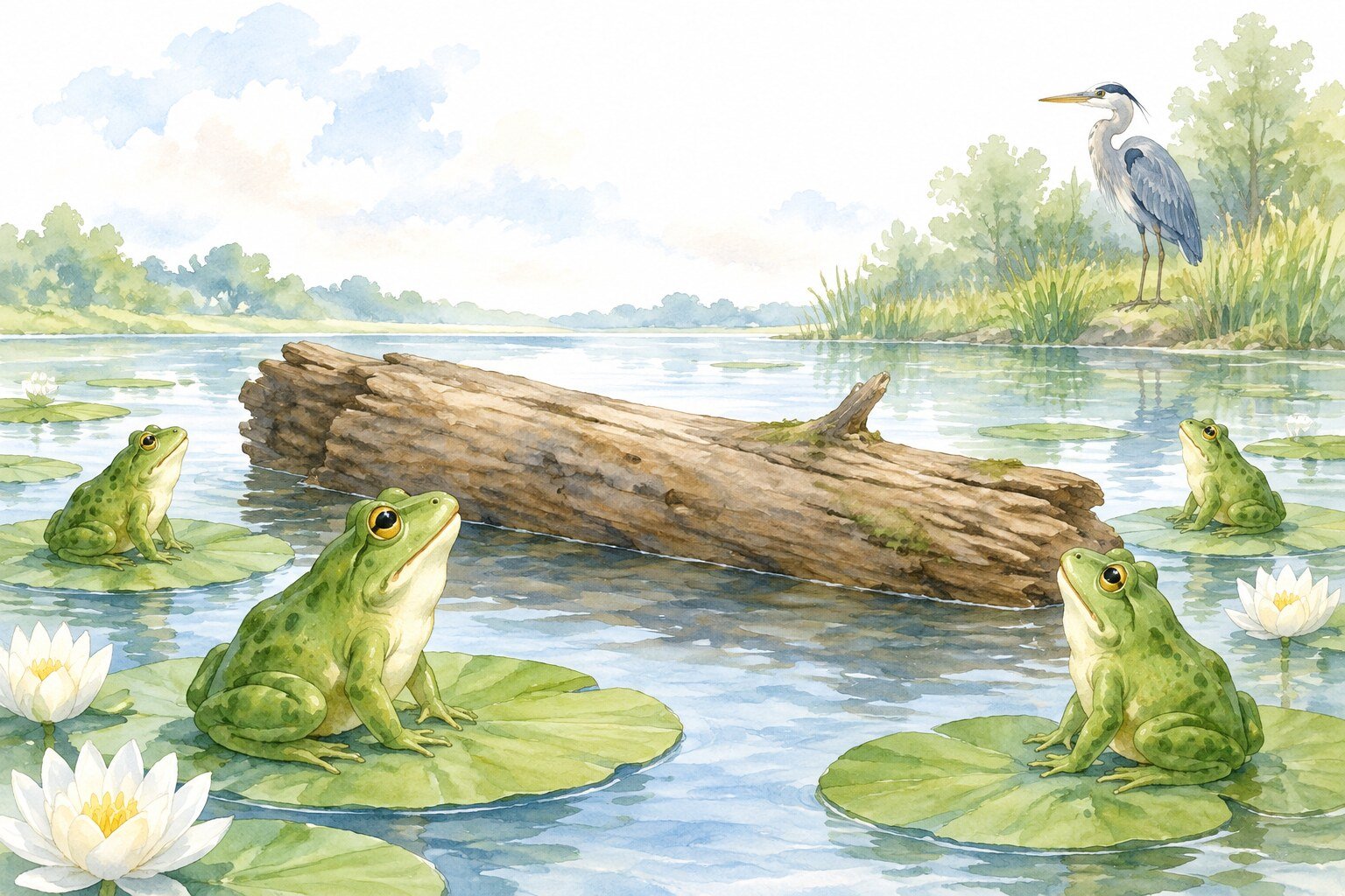 Aquarela de sapos em vitórias-régias ao redor de um tronco boiando na lagoa, olhando para o céu