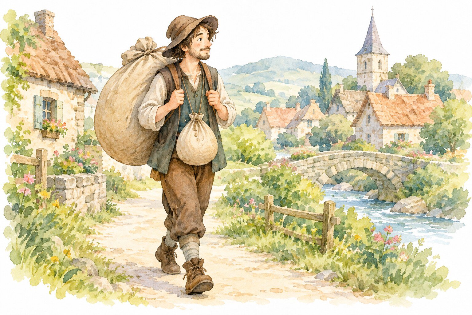 Aquarela de um homem caminhando com uma trouxa pequena na frente e uma trouxa grande nas costas