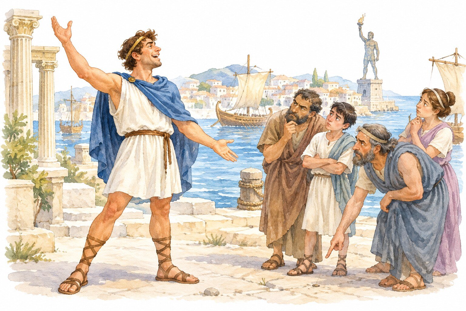 Aquarela de um viajante grego gesticulando com orgulho diante de ouvintes desconfiados no porto de Rodes