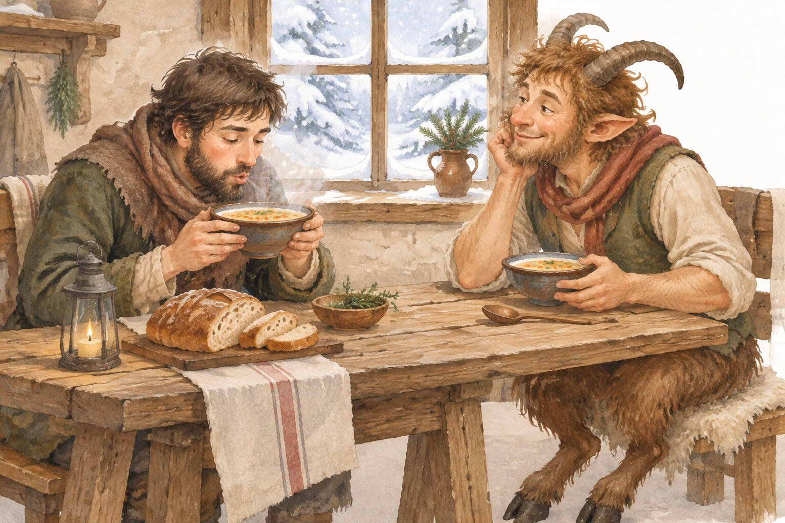 Aquarela de um homem e um sátiro comendo à mesa no inverno, o homem soprando uma tigela fumegante