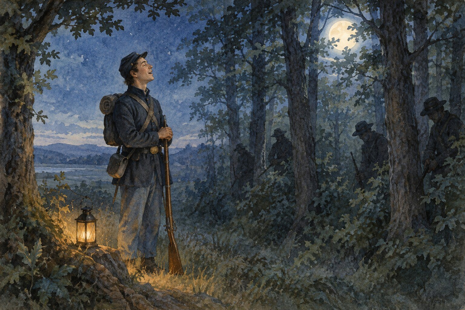 Aquarela de um soldado sentinela cantando sozinho à meia-noite na borda de um bosque escuro, com fuzileiros escondidos entre as árvores