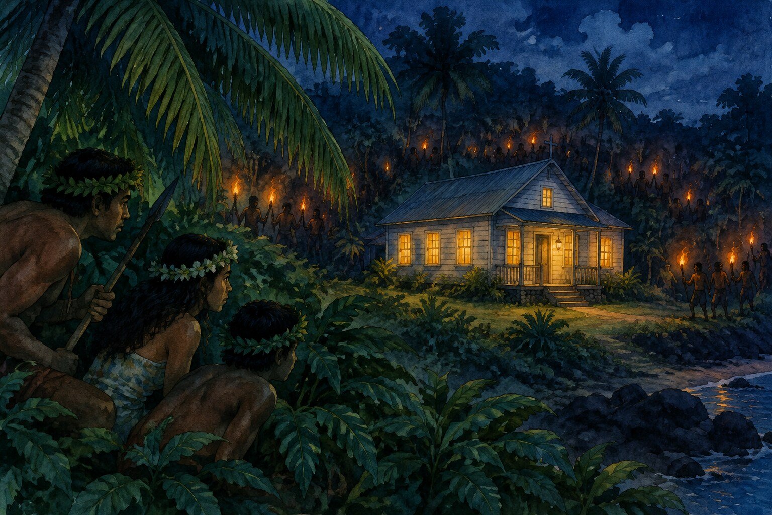 Aquarela de uma casa de missionário à noite numa ilha tropical, com lâmpadas acesas nas janelas e dezenas de tochas brilhando no meio da mata escura ao redor