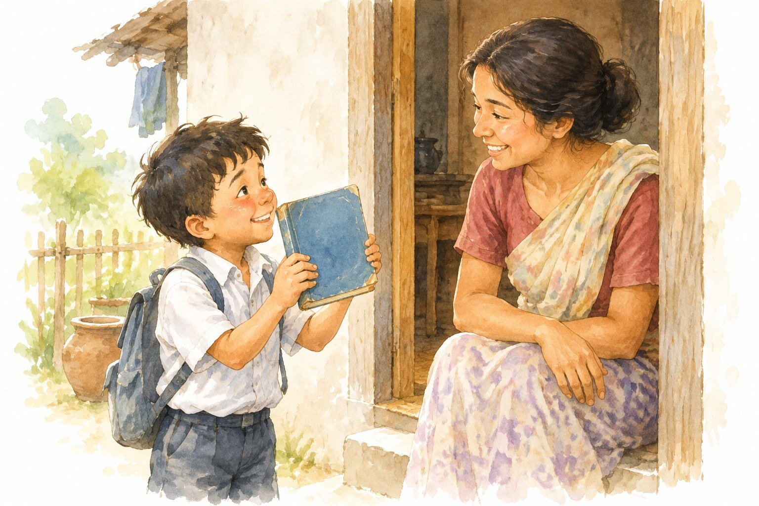 Aquarela de um menino mostrando um livro roubado à mãe, que sorri em vez de corrigir