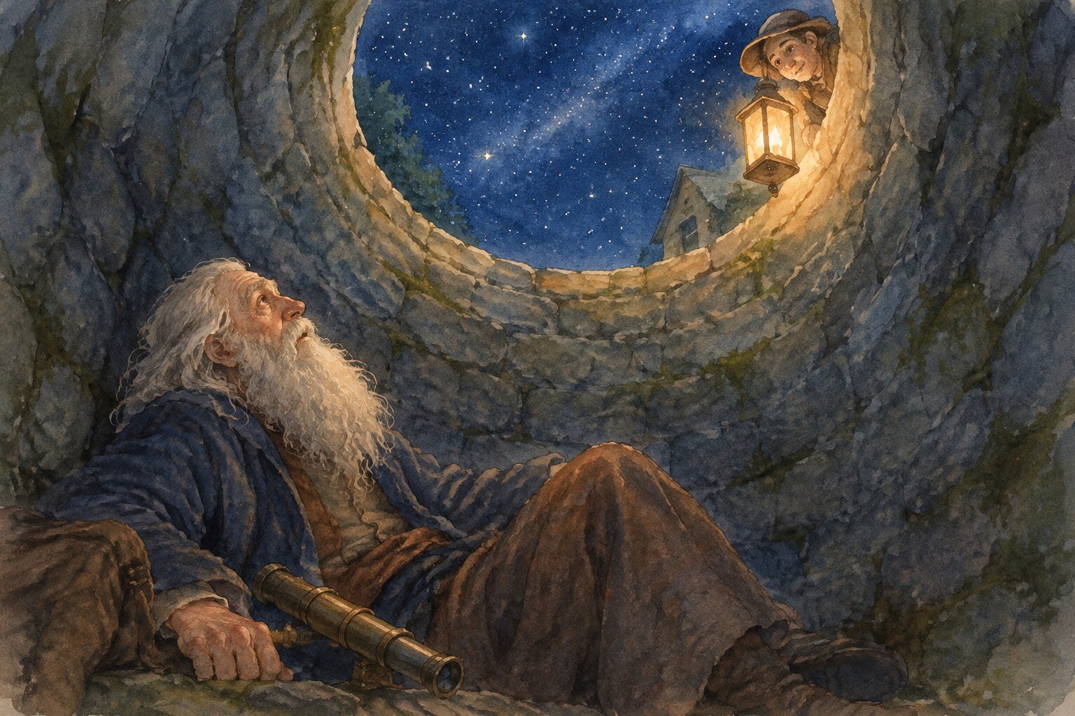 Aquarela de um astrônomo caído dentro de um poço à noite, olhando para as estrelas lá no alto