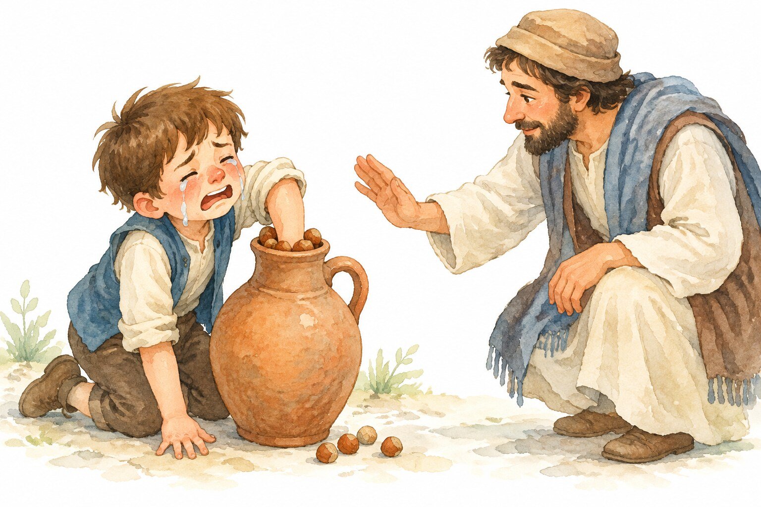 Aquarela de um menino chorando com a mão presa num jarro de boca estreita cheio de avelãs