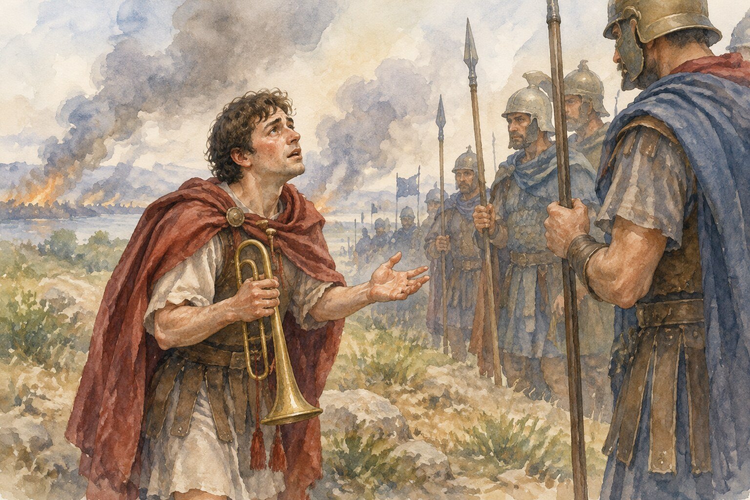 Aquarela de um trompista capturado num campo de batalha, segurando sua trombeta diante de soldados inimigos
