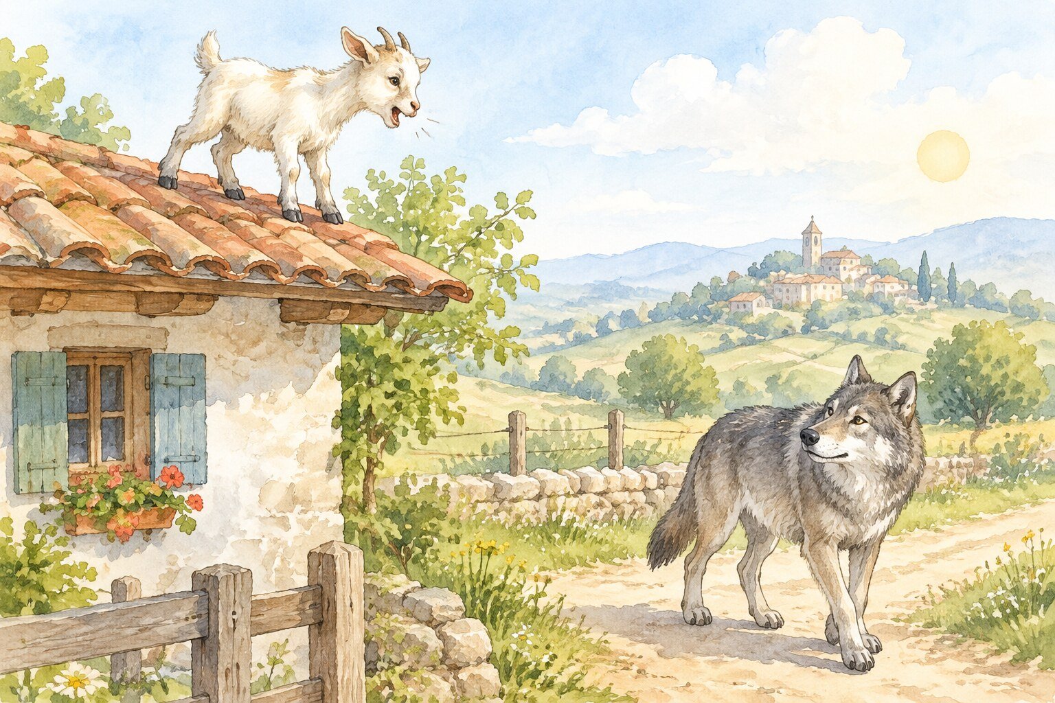 Aquarela de um cabritinho no telhado de uma casa gritando para um lobo que passa embaixo