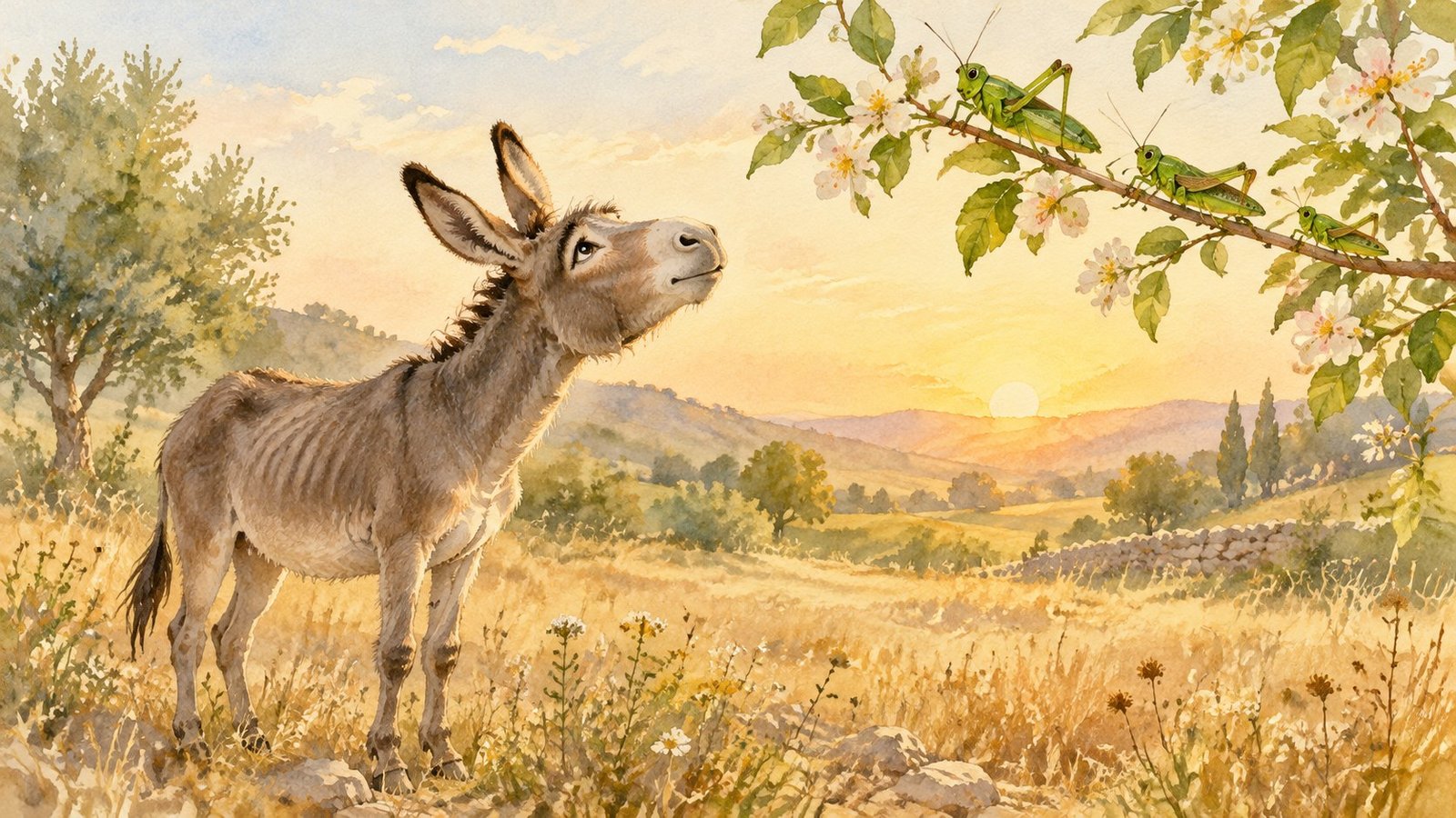 Aquarela de um asno deitado num campo seco, olhando para gafanhotos pousados num galho ao amanhecer