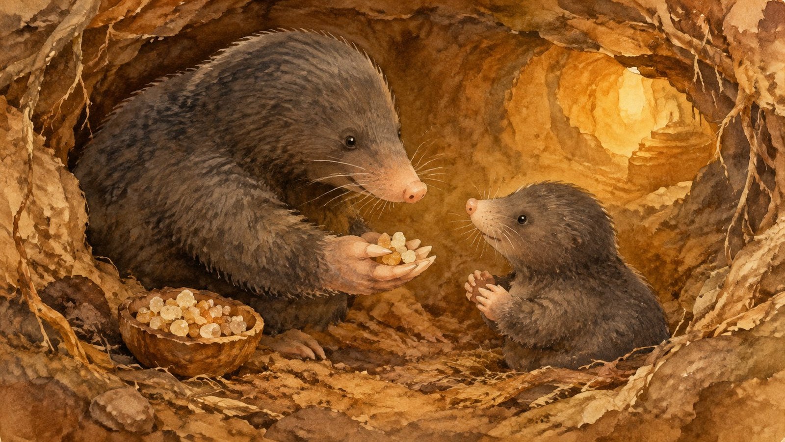 Aquarela de uma toupeira-mãe apresentando pequenos grãos de incenso a uma toupeira filhote numa toca de terra
