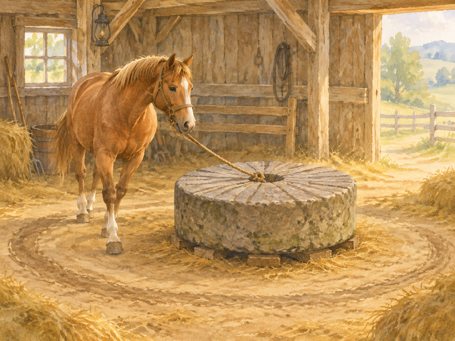 Ilustração: cavalo andando em círculos no moinho