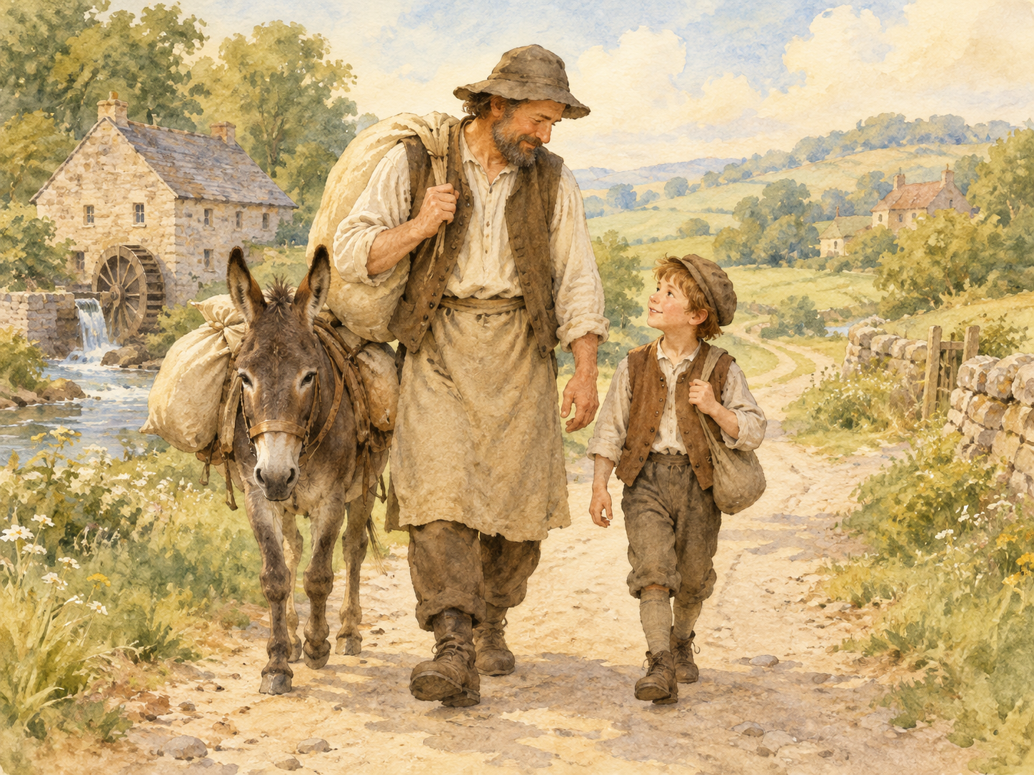 Ilustração: o moleiro, o filho e o burro